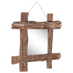 Square mirror with natural recycled teak wood frame, 19.7x19.7x2 inches, ready to hang.