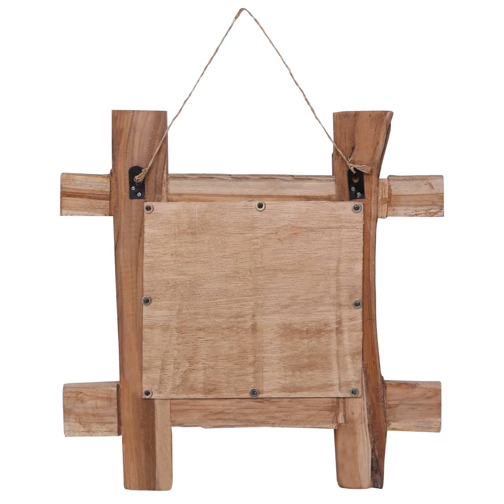 Square natural recycled teak wood mirror frame with rustic log design, 19.7x19.7x2 inches.