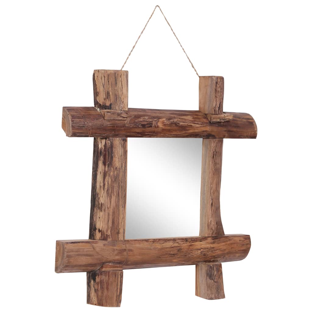 Square natural recycled teak wood log mirror with rustic frame and hanging cord, 19.7x19.7 inches.