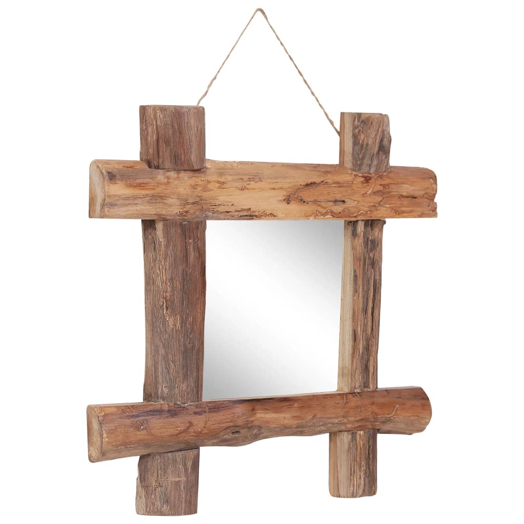 Square mirror with natural recycled teak wood log frame, 19.7x19.7 inches, ready to hang.