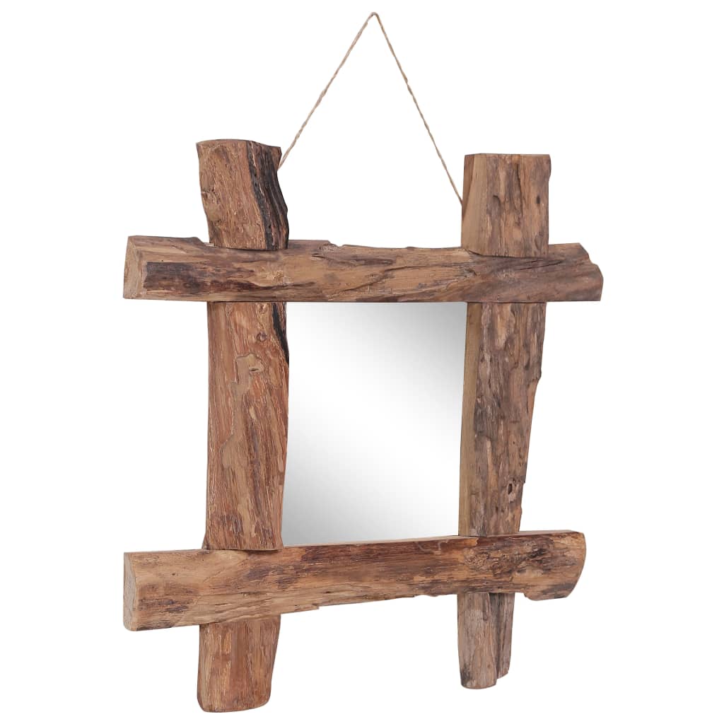 Square mirror with natural recycled teak wood log frame, 19.7x19.7 inches, ready to hang.