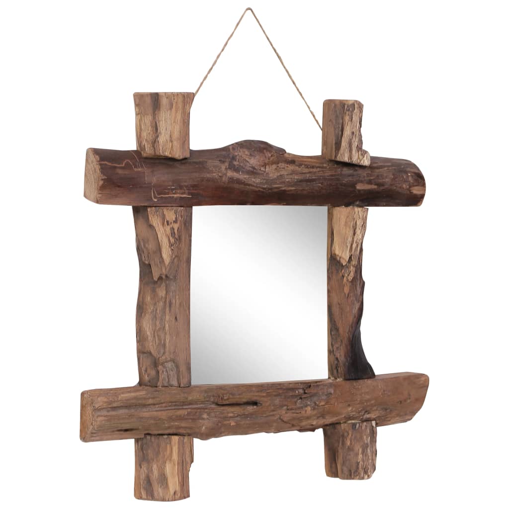 Square mirror with natural recycled teak wood log frame, 19.7x19.7x2 inches.