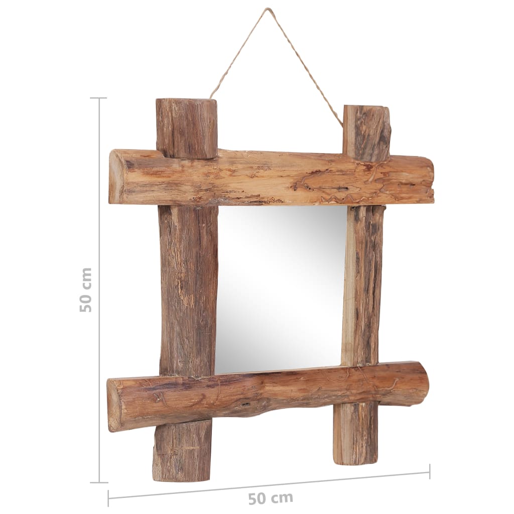 Square natural recycled teak wood log mirror, 19.7x19.7x2 inches, with rustic frame and hanging rope.