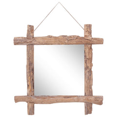 Square mirror with natural recycled teak wood log frame, 27.6x27.6x2 inches, ready to hang.