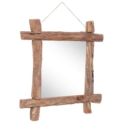 Square mirror with natural recycled teak wood log frame, 27.6x27.6x2 inches, ready to hang.
