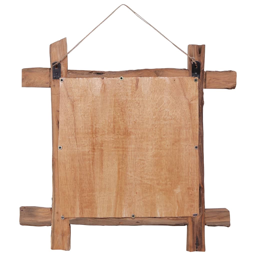 Square recycled teak wood mirror frame with rustic log edges and hanging rope, 27.6x27.6x2 inches.