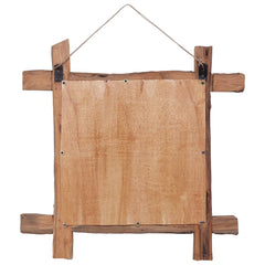 Square recycled teak wood mirror frame with rustic log edges and hanging rope, 27.6x27.6x2 inches.