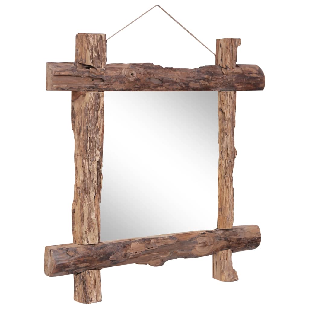 Square mirror with natural recycled teak wood log frame, 27.6x27.6x2 inches, ready to hang.
