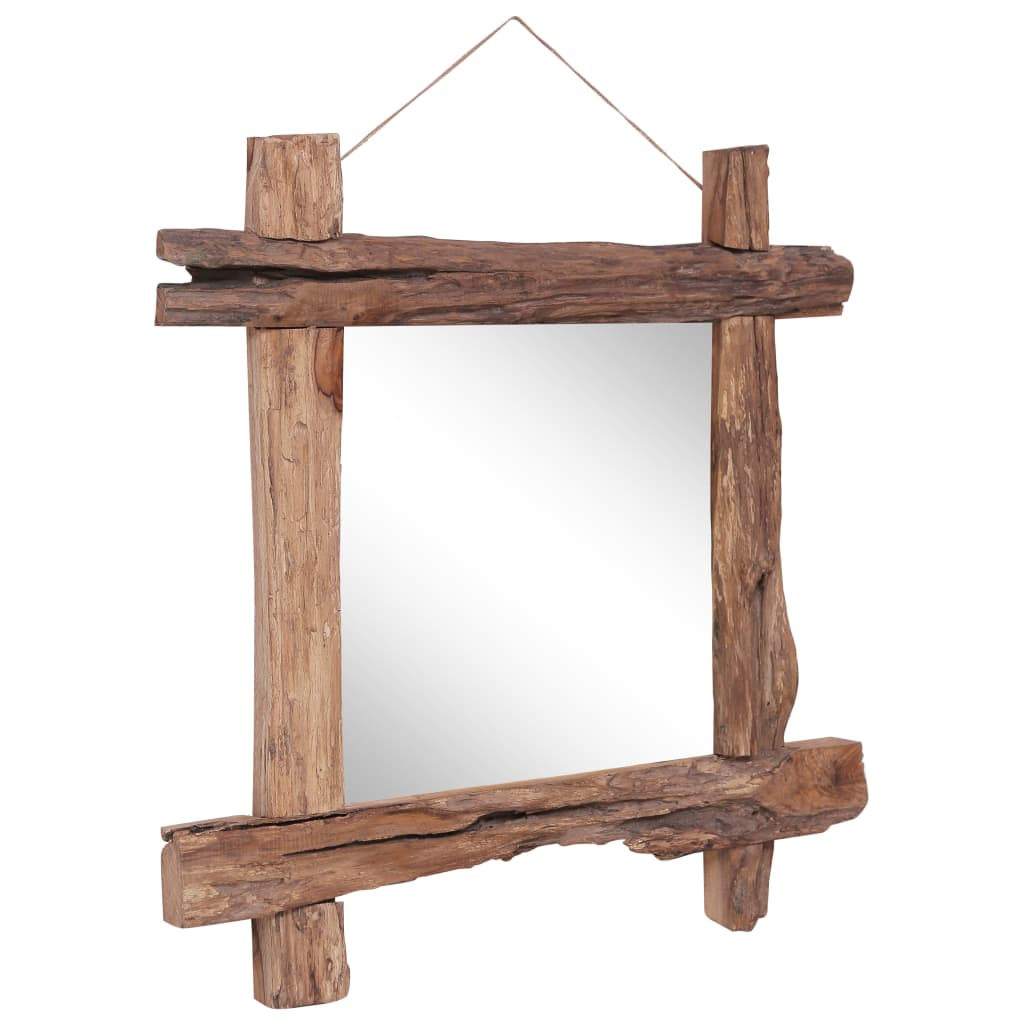 Square mirror with natural recycled teak wood log frame, 27.6x27.6x2 inches, ready to hang.
