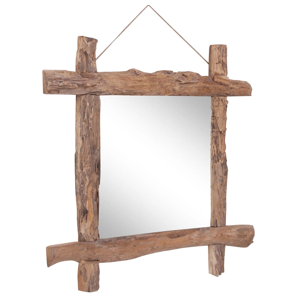 A square mirror framed with natural, rustic recycled teak wood logs, hanging by a rope.