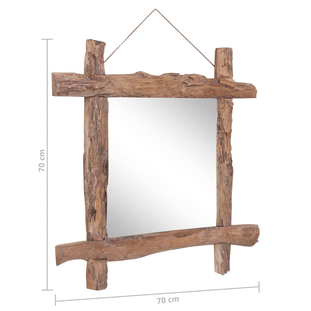 Square recycled teak wood log mirror with natural rustic frame, 70x70cm.