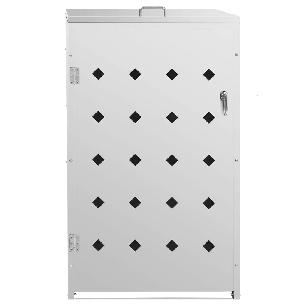 Stainless steel single wheelie bin shed with ventilation holes and a locking door.