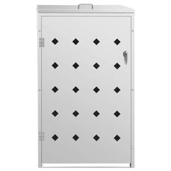 Stainless steel single wheelie bin shed with ventilation holes and a locking door.