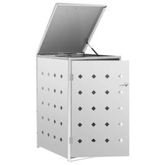 Open stainless steel wheelie bin shed with ventilation holes and open lid.