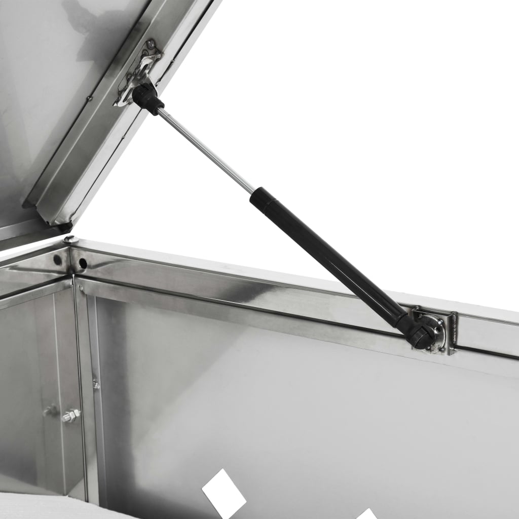 Open stainless steel wheelie bin shed with lid propped up by gas strut.