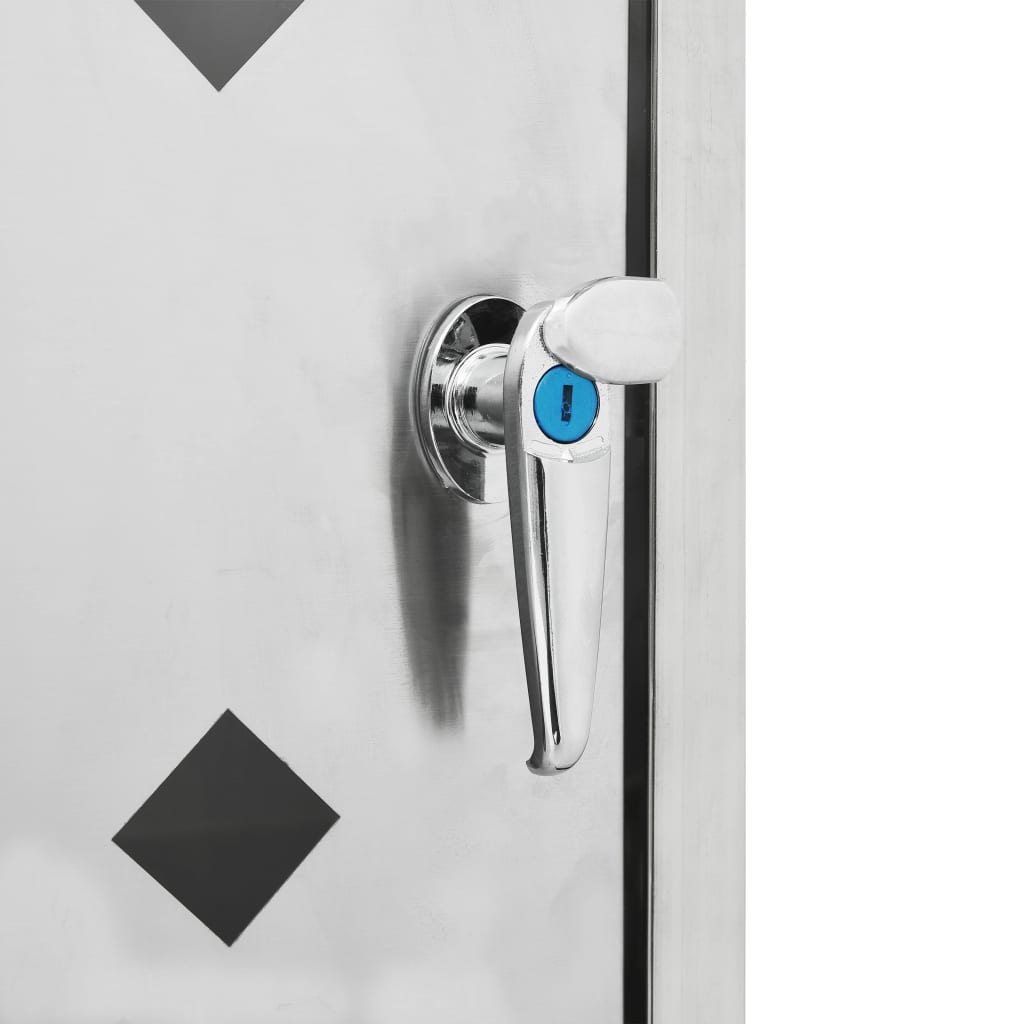 Stainless steel single wheelie bin shed with lock and diamond patterns.