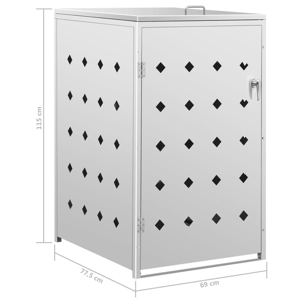 Stainless steel single wheelie bin shed with ventilation holes and secure locking door.