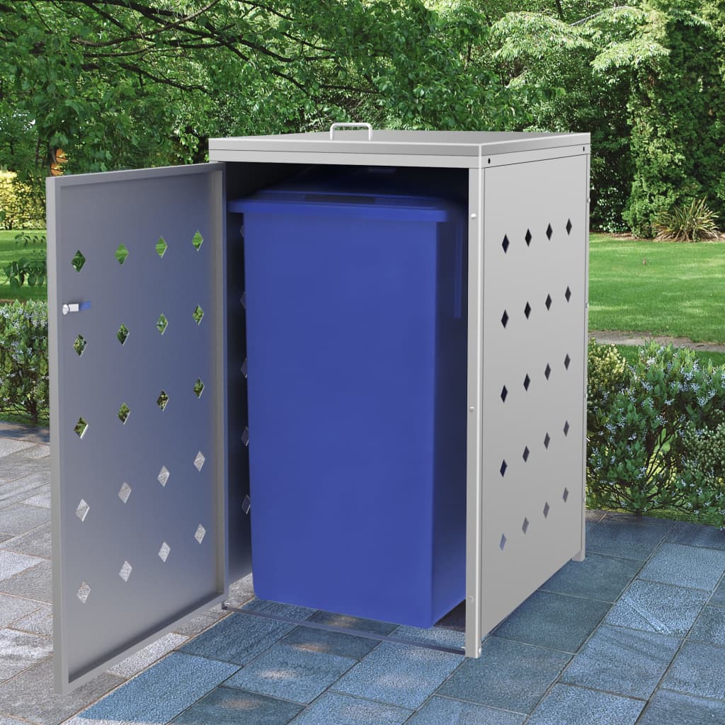 Stainless steel single wheelie bin shed with open door revealing blue bin, ventilation holes, and garden setting.