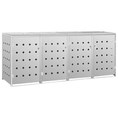 Stainless steel quadruple wheelie bin shed for four 63.4-gallon bins with lockable doors and ventilation.