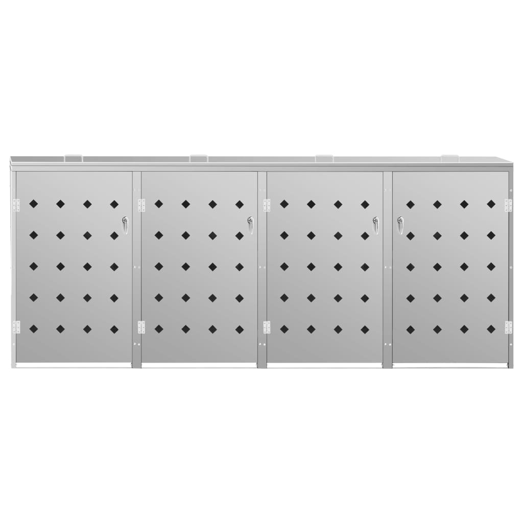 Stainless steel wheelie bin shed with four lockable, ventilated doors for outdoor use.