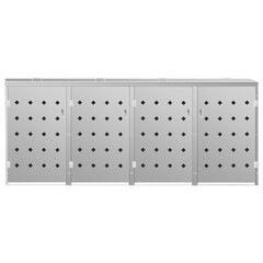 Stainless steel wheelie bin shed with four lockable, ventilated doors for outdoor use.