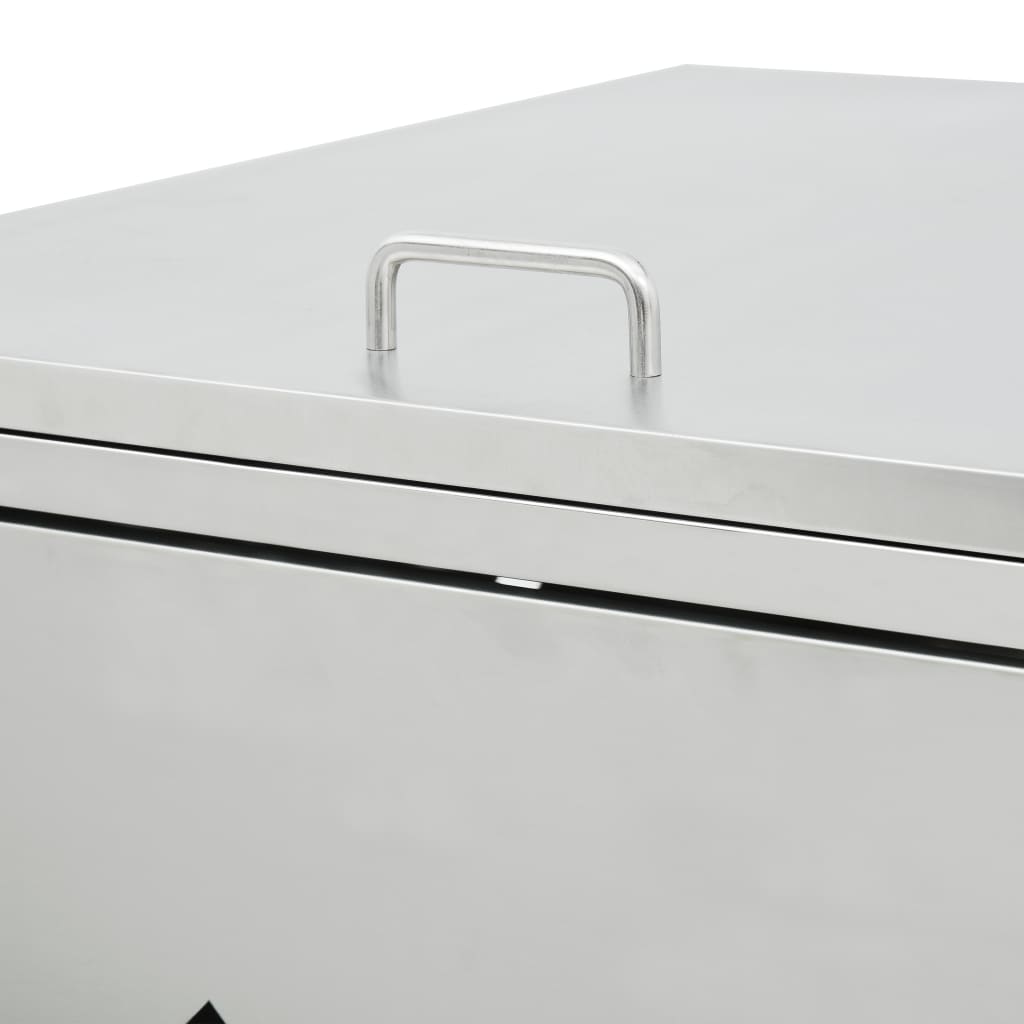 Stainless steel quadruple wheelie bin shed with handle and lockable doors.