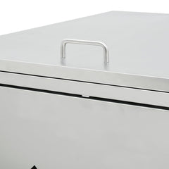 Stainless steel quadruple wheelie bin shed with handle and lockable doors.