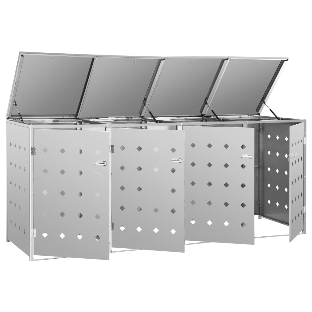 Stainless steel quadruple wheelie bin shed with open lids and doors, ventilation holes, and locks.