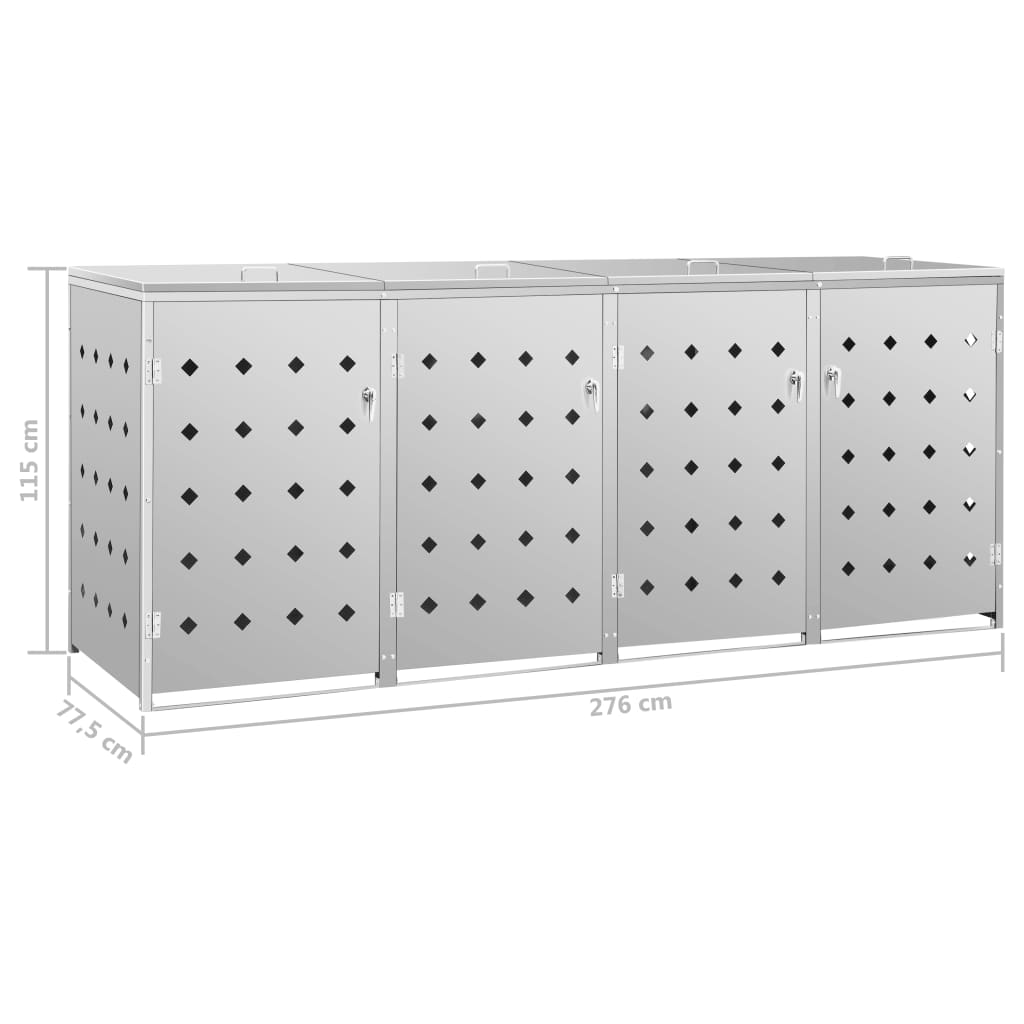 Stainless steel quadruple wheelie bin shed with lockable doors and ventilation holes, 276 cm wide.