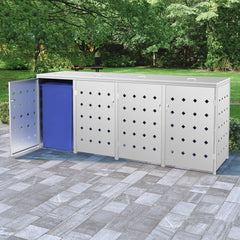 Stainless steel quadruple wheelie bin shed with open door revealing blue bin, on patio near garden.