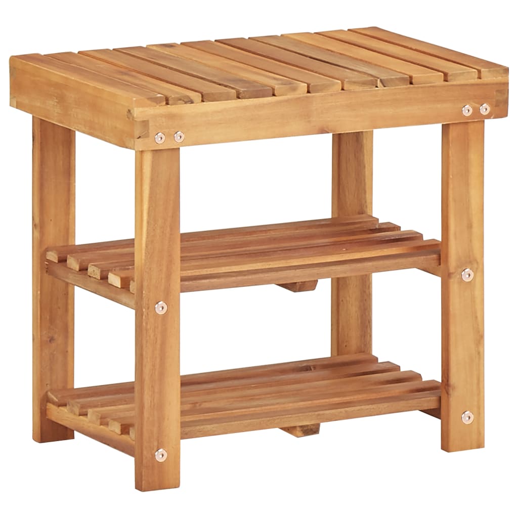 Natural solid acacia wood shoe rack with two slatted shelves and a bench top.
