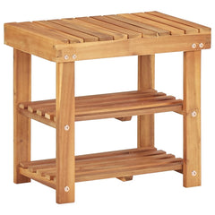 Natural solid acacia wood shoe rack with two slatted shelves and a bench top.