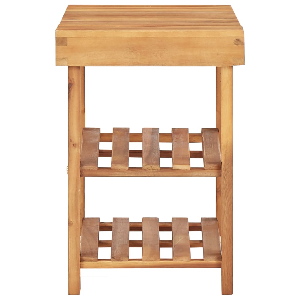 Natural solid acacia wood shoe rack with two slatted shelves and open sides.