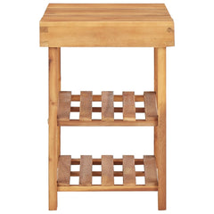 Natural solid acacia wood shoe rack with two slatted shelves and open sides.