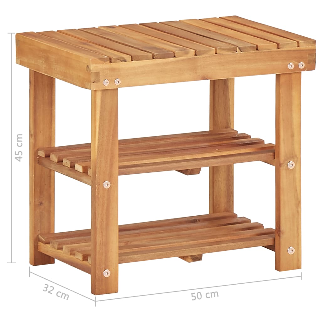Natural solid acacia wood shoe rack with two shelves and slatted design, 50x32x45 cm.