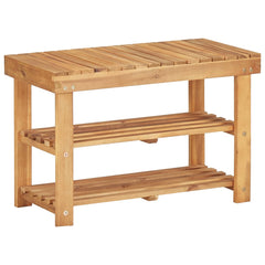 Natural acacia wood shoe rack with two slatted shelves and a flat top bench in a compact design.