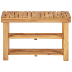 Solid acacia wood shoe rack with two slatted shelves and bench top.