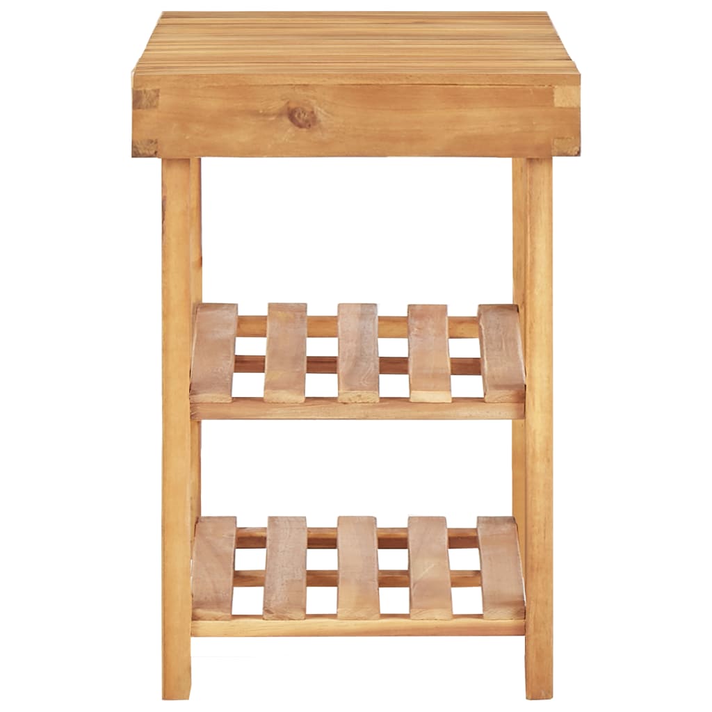 Natural solid acacia wood shoe rack with two slatted shelves and top seat, 27.5x12.5x18.1 inches.