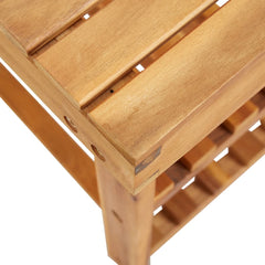 Natural acacia wood shoe rack with two slatted shelves and sturdy top bench seat.
