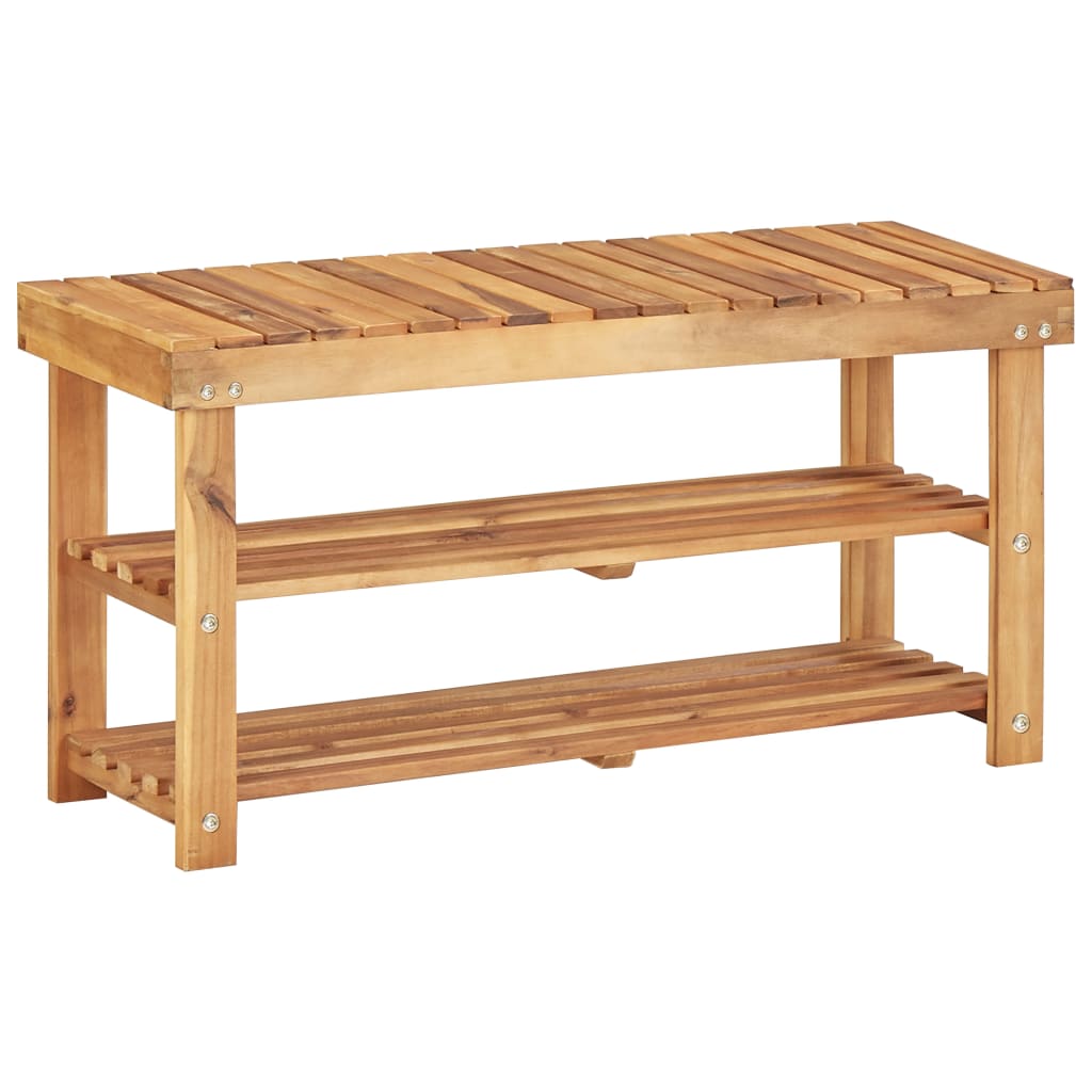 Natural solid acacia wood shoe rack with two slatted shelves and bench top, 35.4x12.5x18.1 inches.
