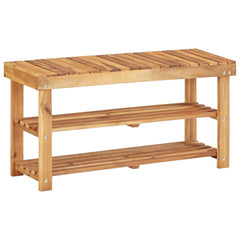 Natural solid acacia wood shoe rack with two slatted shelves and bench top, 35.4x12.5x18.1 inches.