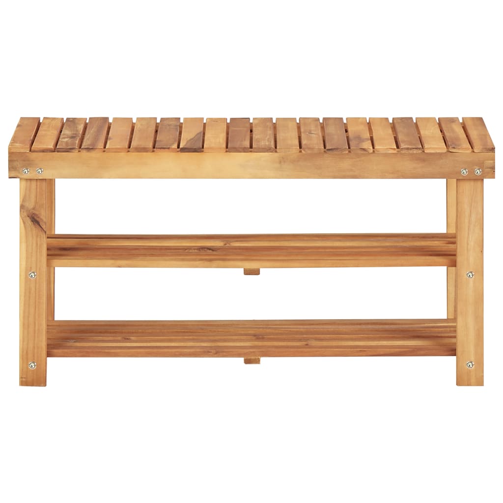 Natural solid acacia wood shoe rack with slatted shelves and bench top, 35.4x12.5x18.1 inches.