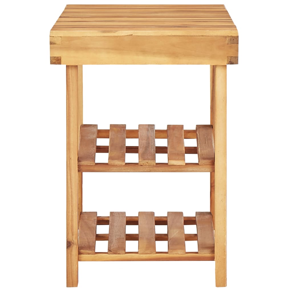 Natural solid acacia wood shoe rack with two slatted shelves and a bench top.