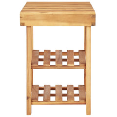 Natural solid acacia wood shoe rack with two slatted shelves and a bench top.