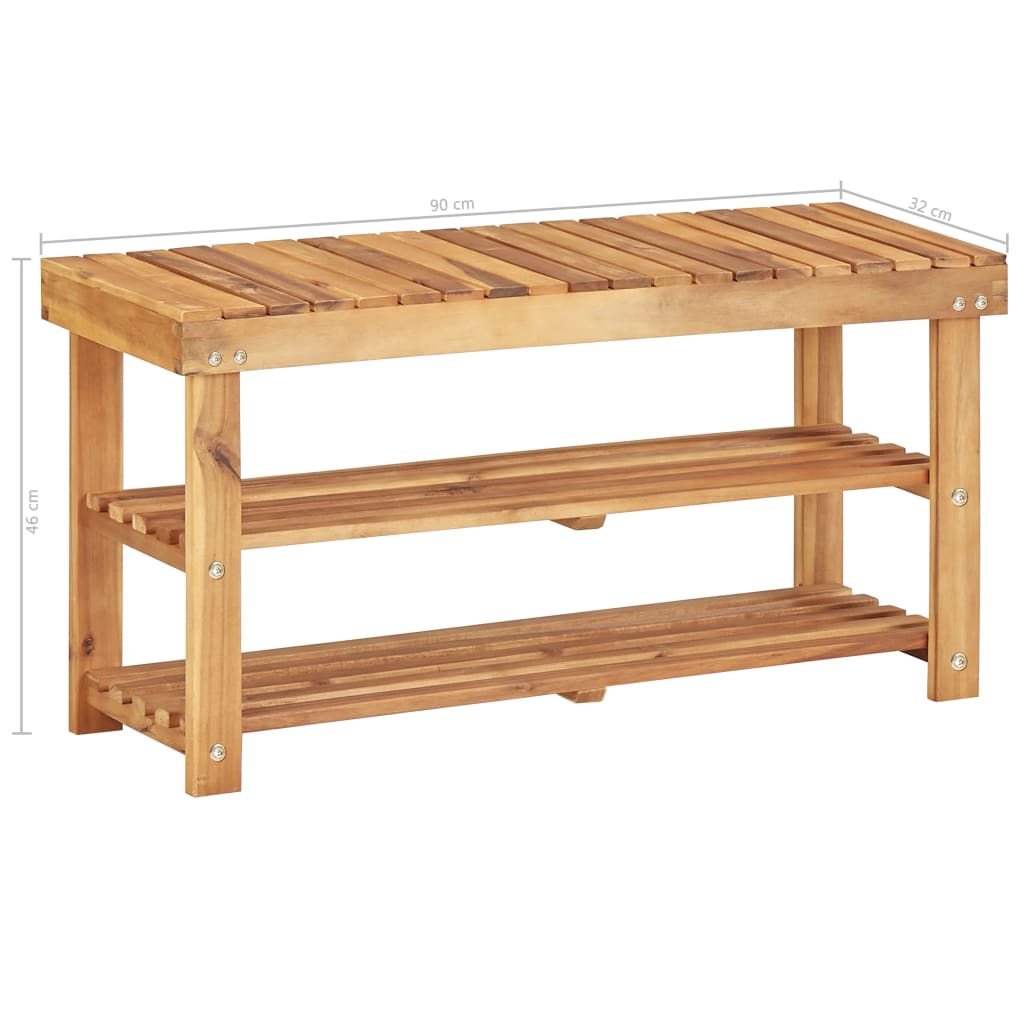 Solid acacia wood shoe rack with two slatted shelves and bench top, measuring 35.4x12.5x18.1 inches in natural finish.
