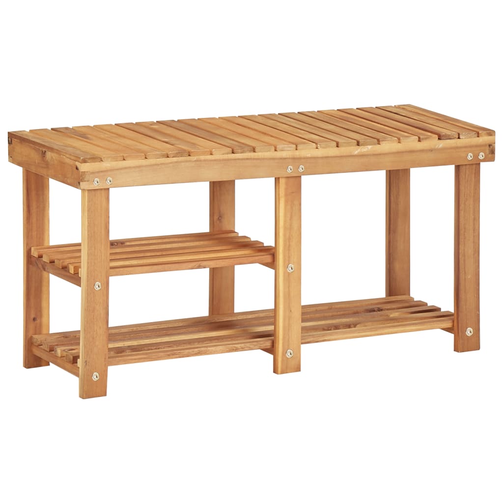 Natural solid acacia wood shoe rack bench with slatted top and two shelves.