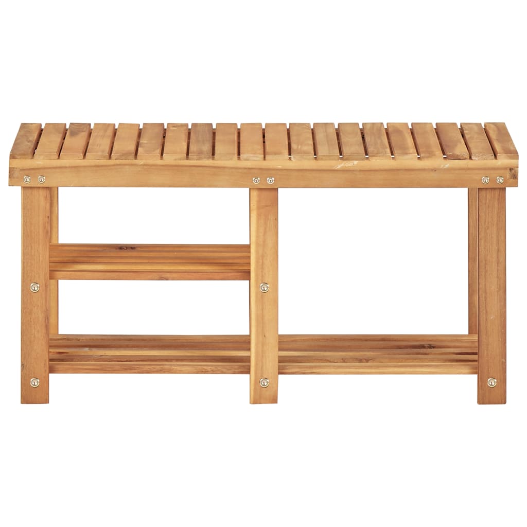 Natural solid acacia wood shoe rack bench with slatted top and two shelves.