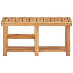 Natural solid acacia wood shoe rack bench with slatted top and two shelves.