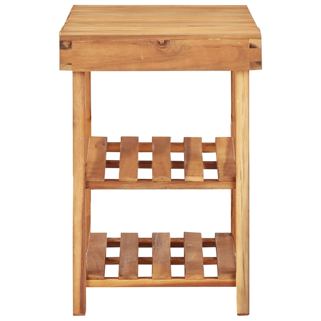 Natural solid acacia wood shoe rack with two slatted shelves and open frame.