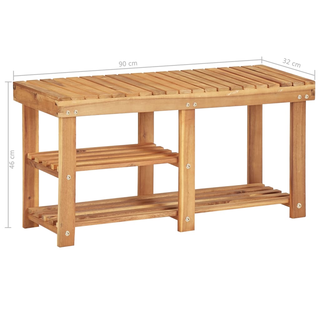 Solid acacia wood shoe rack bench with slatted shelves, measuring 35.4 by 12.5 by 18.1 inches.